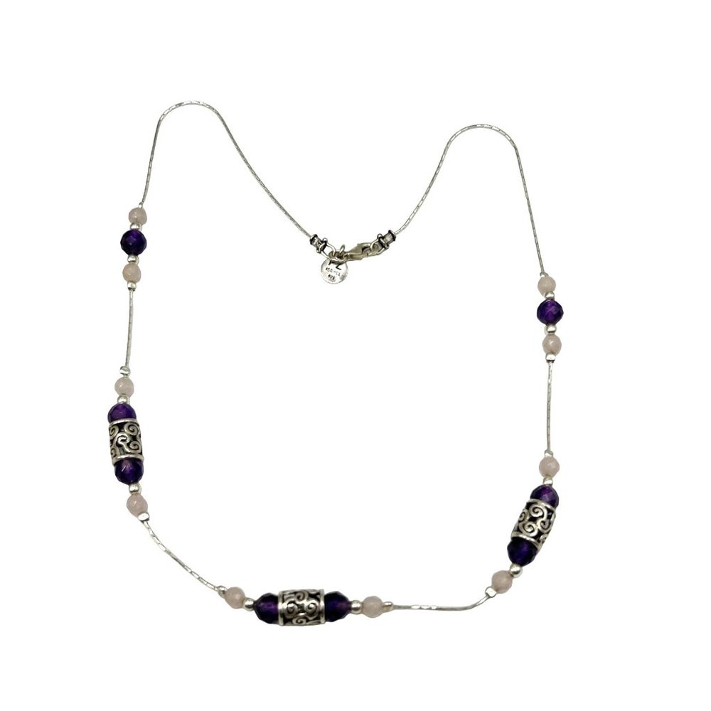 Amethyst & Pink Quartz Sterling Silver Station Necklace Signed PZ Israel 925
